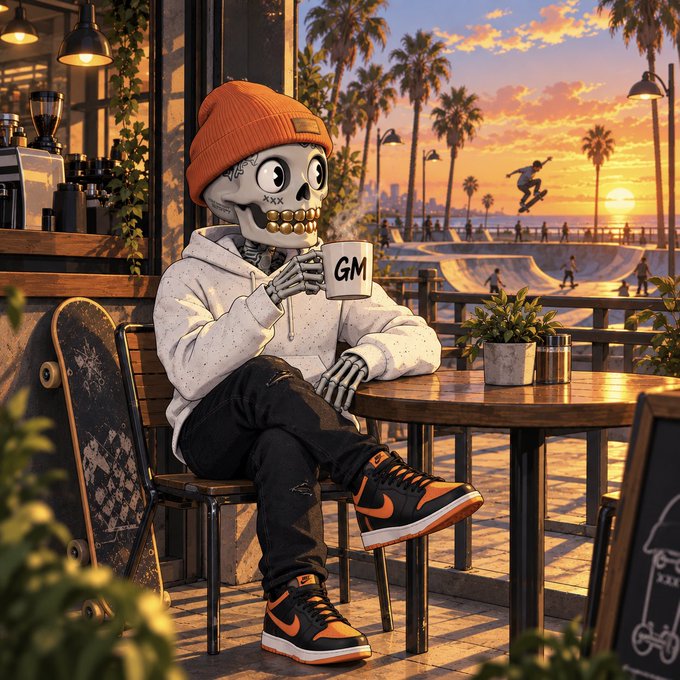 A digital illustration of a skeleton wearing an orange beanie and Nike sneakers, drinking from a 'GM' mug at an outdoor cafe with a sunset beach scene in the distance.