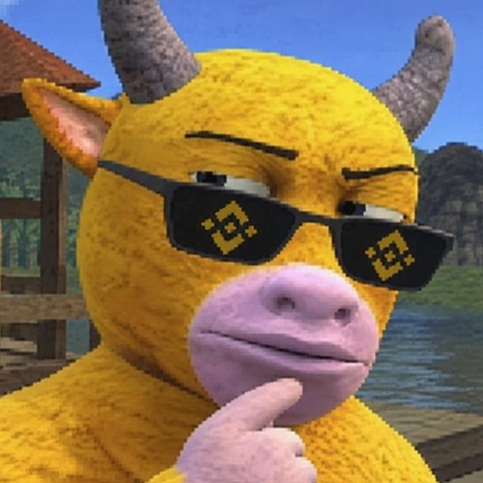 A 3D-rendered yellow bull character wearing sunglasses with the Binance (BNB) logo on the lenses strikes a smug, contemplative pose with finger to chin, fittingly visualizing the simple ease ("easy") of a trade or decision.