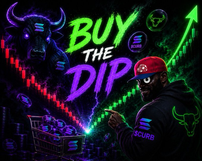 A vibrant crypto promotional graphic reading 'BUY THE DIP' with neon green and purple text, featuring a bull mascot, a man in a red cap and black $SCURB hoodie pointing at the text, green upward candlestick chart, shopping cart filled with $SCURB coins, and stacked coin piles.