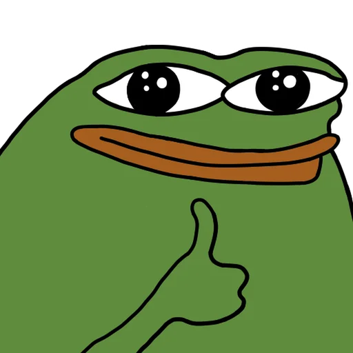A cartoon illustration of Pepe the Frog giving a thumbs-up gesture with a subtle smile.