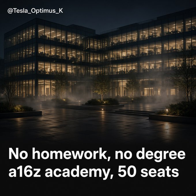 An AI-generated image of a large modern office building at night with lit windows and a misty courtyard. Text overlay reads '@Tesla_Optimus_K' and 'No homework, no degree a16z academy, 50 seats'.