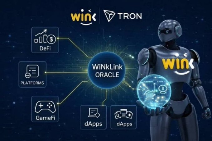 A promotional graphic for the 'WINkLink ORACLE' partnership between WINk and TRON, featuring a robot character alongside icons representing DeFi, Platforms, GameFi, and dApps.