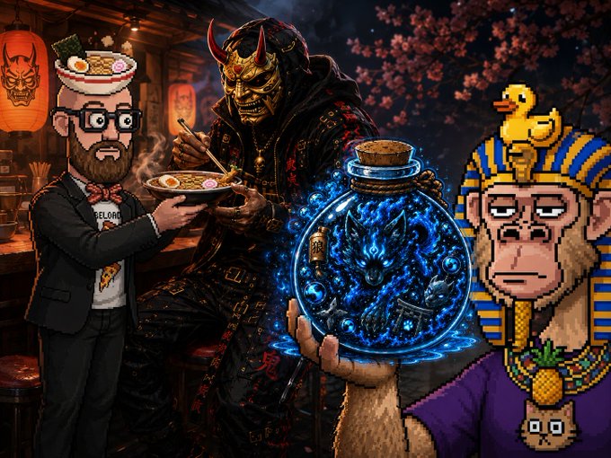 A digital artwork featuring a cartoon man with a ramen bowl on his head, a samurai figure, a pharaoh monkey with a rubber duck, and a glowing blue potion bottle with a dragon inside.