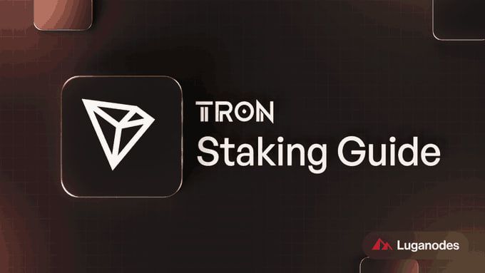 A dark-themed graphic titled 'TRON Staking Guide' featuring the TRON logo and a 'Luganodes' branding in the corner.