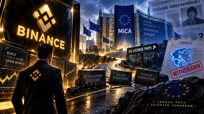 A digital illustration featuring Binance and MiCA branding, EU flags, and text including 'REGULATORY SCRUTINY', 'HIGHER STANDARDS', 'TOUGHER COMPETITION', and 'WITHRAWN' related to EU license paths.