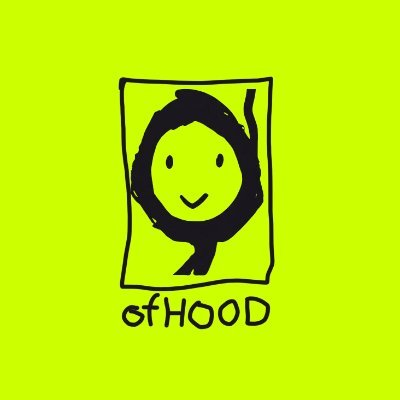 A simple black line drawing of a smiling hooded figure on a bright yellow-green background with 'ofHOOD' written below.