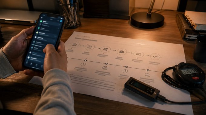 A person's hands holding a smartphone displaying a messaging app over a desk with printed workflow diagrams, a digital timer, and a black device with cables.