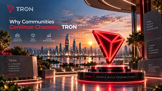 A promotional banner for TRON blockchain titled "Why Communities Continue Choosing TRON," featuring a glowing red TRON logo atop a pedestal overlooking a futuristic city skyline at sunset.