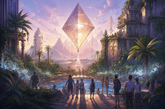ers of a distant land, including a pyramid and a floating island with a golden triangle-shaped structure, are gathered around a pool under a purple sky.