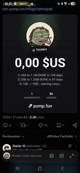 The image shows a Twitter post by "Tenders" linking to pump.fun/HSag/1ubmqzqb, displaying a Pepe profile with "0,00 $US" balance, listing three goals: "450 to 1.1M DONE in 109 days," "50k to 1.25M DONE in 97 days," and "10K -> 1M$ : starting soon..." The caption aligns with the post's announcement of a "Day - 1" 10K to 1M$ trading challenge, showcasing the trader's track record before starting the new journey.