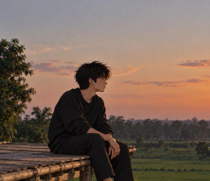 An anime-style young man with dark hair sits contemplatively on a bamboo platform, gazing out over a green landscape at sunset.