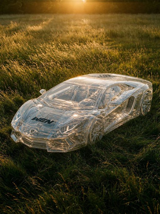 A transparent glass sports car marked 'AVEN' sits in a sunlit grassy field at golden hour, its clear body revealing the interior details against the warm sunset lighting.