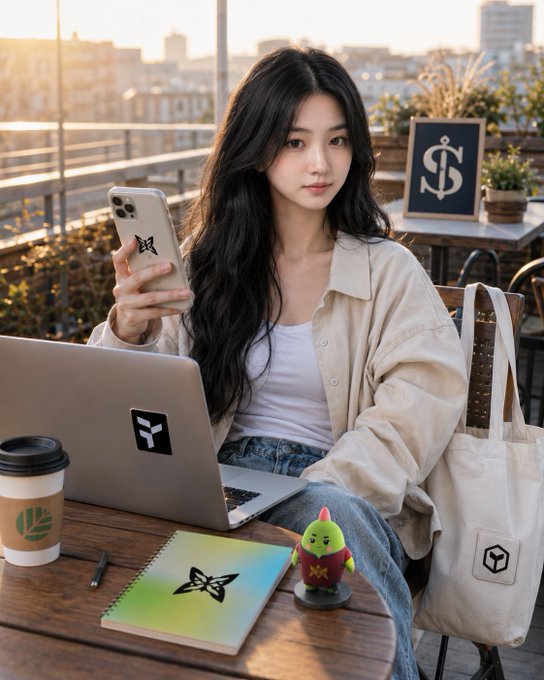 A young woman at a rooftop cafe with a laptop displaying a 'Y' logo, holding a phone, with a '$' logo visible on a chalkboard in the background.