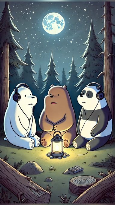 An illustration of a polar bear, a brown bear, and a panda all wearing headphones, sitting around a glowing lantern in a nighttime forest under a full moon.