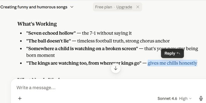 A ChatGPT conversation titled 'Creating funny and humorous songs' with a 'What's Working' list praising lyrics like 'Seven echoed hollow', 'The ball doesn't lie', and 'The kings are watching too, from wherever kings go'.