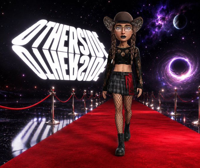 A 3D rendered female character with elf ears, a black cap, plaid skirt, and fishnet stockings walks down a red carpet with 'OTHERSIDE' branding in glowing white text against a cosmic space background.