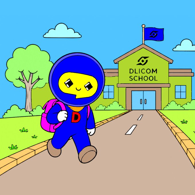Cartoon illustration of a blue ninja mascot with a pink backpack walking toward 'DLICOM SCHOOL' building with a flag on top.