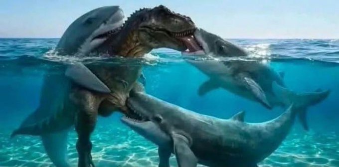 A surreal digital illustration depicting a dinosaur being attacked by multiple sharks, with both above and below the waterline visible in the scene.
