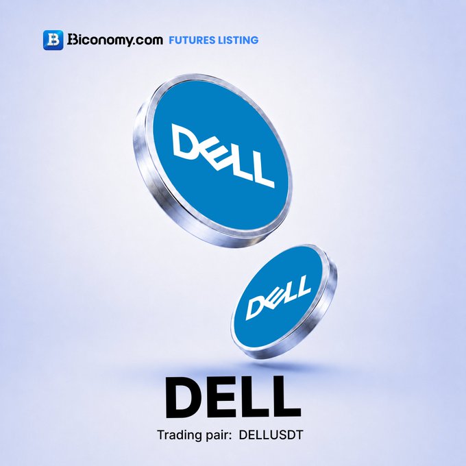 A promotional graphic for Biconomy.com's Futures Listing features two floating blue Dell-branded coin tokens above the text "DELL" and "Trading pair: DELLUSDT," visually representing the announcement of a new DELL/USDT perpetual futures contract launching on July 31, 2026.