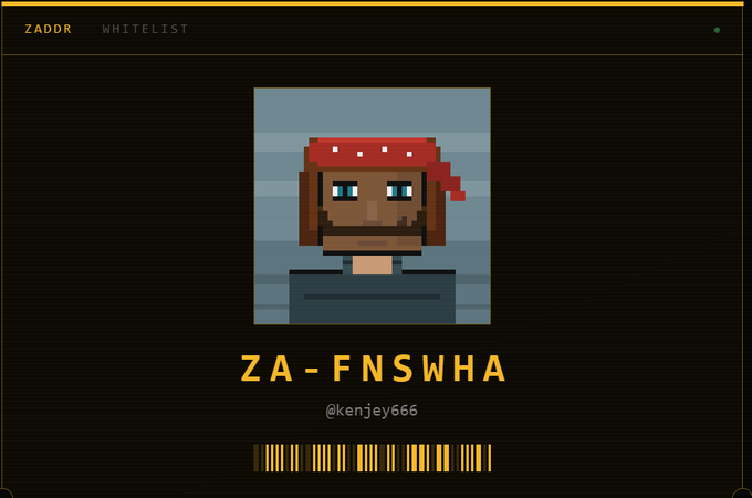 A pixel art character with a red bandana shown on a ZADDR WHITELIST page, labeled 'ZA-FNSWHA' with the username '@kenjey666'.