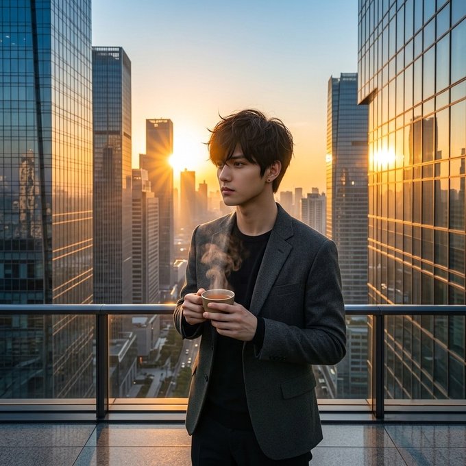 A young man in a gray blazer holding a steaming cup of coffee on a balcony overlooking a sunlit city skyline at golden hour.