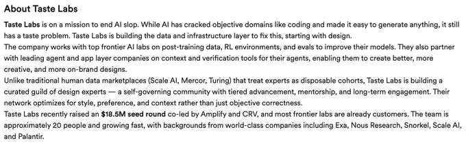 The image shows an "About Taste Labs" company description highlighting their $18.5M seed round co-led by Amplify and CRV, and their mission to build a human data pipeline for design work—directly supporting the post's claim about the funding being used for human-powered design data infrastructure.
