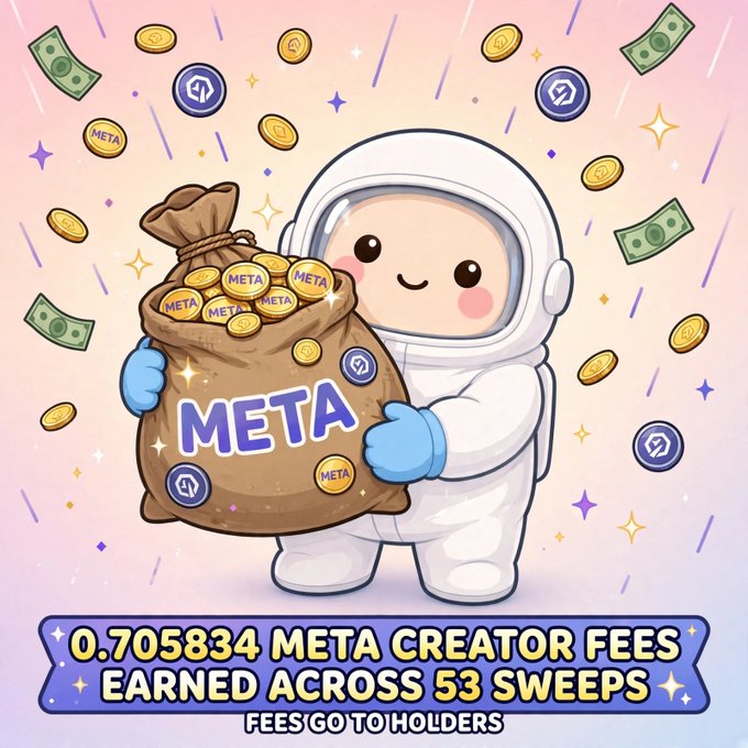A cartoon-style promotional graphic featuring an astronaut character holding a bag of 'META' coins, with text reading '0.705834 META CREATOR FEES EARNED ACROSS 53 SWEEPS' and 'FEES GO TO HOLDERS'.