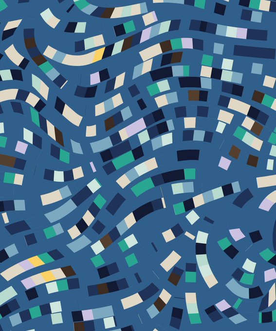 This image displays Fidenza #871, a generative artwork featuring a deep blue background filled with curved, ribbon-like arrangements of small rectangular tiles in varied colors including navy, cream, teal, lavender, and brown, creating dynamic swirling patterns across the composition.