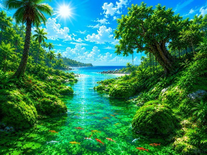 A vibrant tropical paradise scene with a crystal-clear stream flowing through lush greenery toward a sunlit ocean, filled with colorful fish and surrounded by palm trees—evoking the self-sustaining, resource-rich ecosystem that mirrors CNPY Network's autonomous treasury model, which funds itself forever through 5% of block rewards without relying on outside VC money.