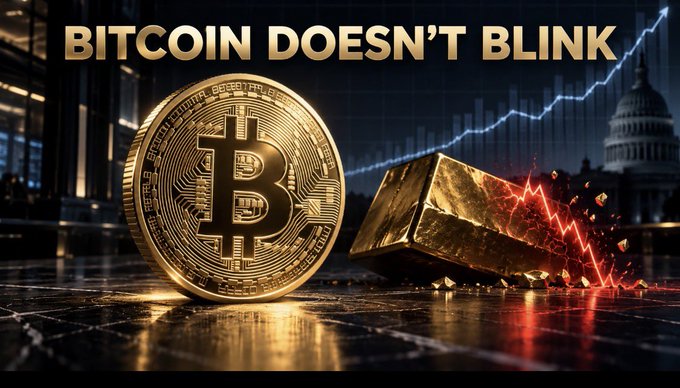 A golden Bitcoin coin stands tall beside a fractured gold bar with red cracks, beneath the bold headline "BITCOIN DOESN'T BLINK," set against a backdrop of an ascending price chart and the U.S. Capitol—visually reinforcing the post's message that Bitcoin is diverging from gold by breaking free from traditional bond yield correlations.