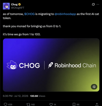 A tweet from Chog (@ChogNFT) announces that $CHOG is migrating to Robinhood as the first AI cat token, thanking Monad for the 0-to-1 growth and framing the move as a 1-to-100 expansion, accompanied by a graphic showing "CHOG | Robinhood Chain" logos. The post it's paired with criticizes projects for mindlessly bridging to Robinhood without actually building, suggesting that chain-hopping alone—like Chog's migration announcement—doesn't create real value.
