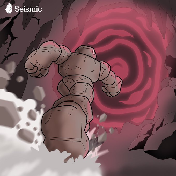 A digital illustration shows a muscular golem-like figure with a 'Seismic' logo, emerging from rocks with a red swirling vortex behind it.
