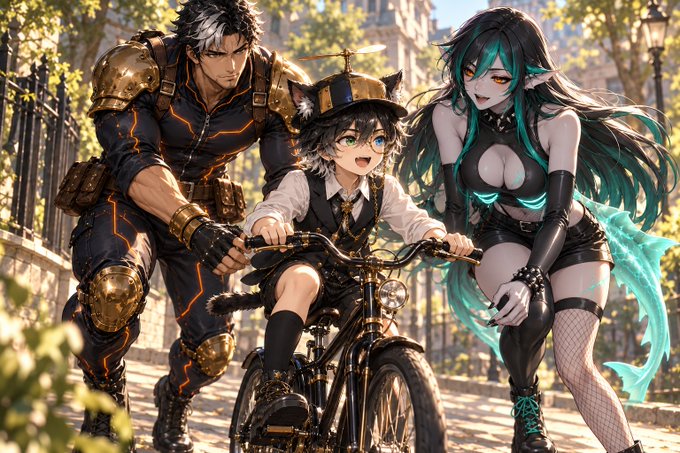 An anime-style group illustration shows three characters—a muscular man in dark armor with orange accents, a cat-eared child on a bicycle, and a green-haired elf-like woman in dark clothing—standing on a city street.
