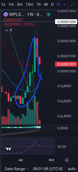 A TradingView weekly chart for WPLS showing a price of 0.00001091 with a -7.93% change, featuring candlesticks and a hand-drawn blue circle highlighting a price pattern.
