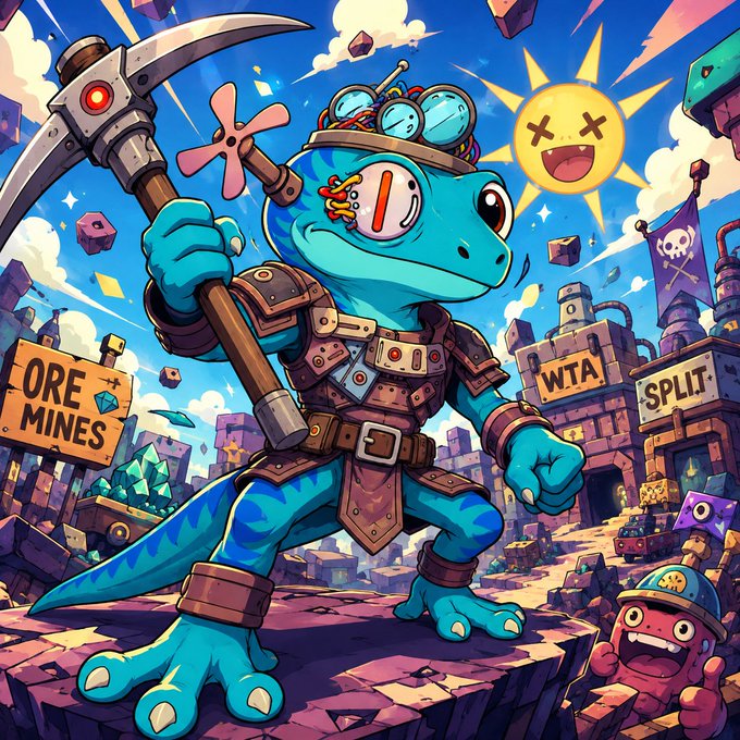 An illustration depicts a blue cartoon dinosaur equipped with a pickaxe and mechanical headgear standing in a mining area labeled 'ORE MINES' and 'WTA SPLIT'.