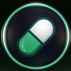 A digital icon of a green and white capsule pill centered within a dark circular background with a glowing green border.