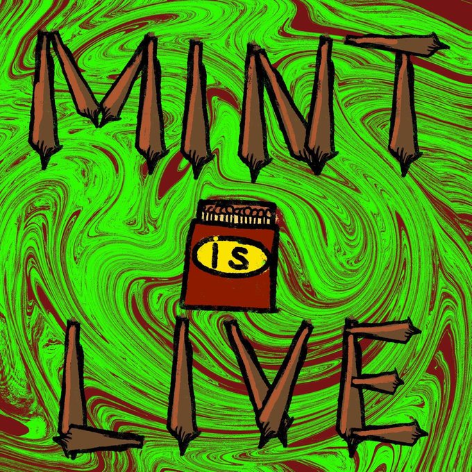 A psychedelic green and red swirled background displays the text "MINT" at the top and "LIVE" at the bottom, with a cartoon brown spice jar labeled "IS" (resembling "Spice") positioned between the words. The image ties into the post by announcing the "H00fz Mint is Live" drop, using the bold, trippy visual style to grab attention for the NFT collection.