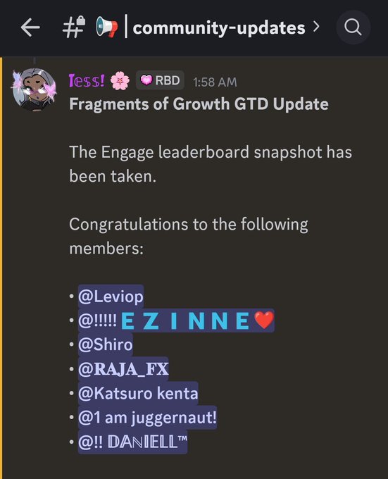 A Discord screenshot from the #community-updates channel where 'Jess! RBD' announces a 'Fragments of Growth GTD Update' congratulating members including @Leviop, @EZINNE, @Shiro, @RAJA_FX, @Katsuro kenta, @I am juggernaut!, and @!! DANIELL™.