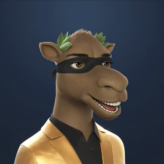 A 3D-rendered anthropomorphic camel character featuring a laurel crown, a black domino mask, and a gold suit jacket over a black shirt.