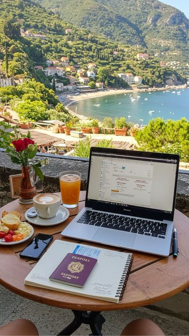 A scenic outdoor work setup on a wooden table overlooking a coastal cove, featuring a laptop, coffee, orange juice, a notebook with a passport, and a bouquet of red roses.