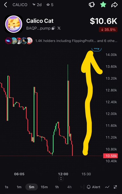 A cryptocurrency chart showing Calico Cat at $10.6K with a 35.5% decrease, 1.4K holders, and a yellow arrow pointing upward on the price graph.