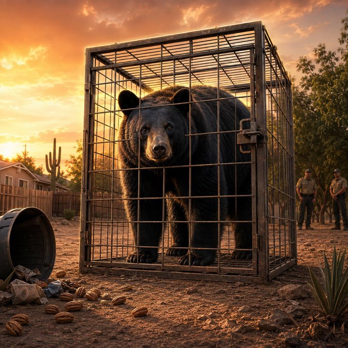 A large black bear is confined inside a rusty metal cage in a desert setting at sunset, with two officers standing nearby and scattered pecans on the ground next to a tipped trash can. The image visually embodies the "$DBEAR" meme token launch on Pumpfun (Solana), capturing the chaotic desert encounter theme: "One black bear, three nights in the desert, infinite memes," with the displayed CA: DEA7Kjg3gdmim2z79o5c6UW7qXZirtJGociuJDAKpump.