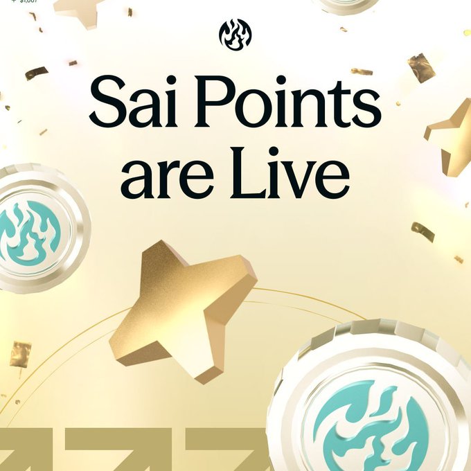 A celebratory promotional banner with gold coins and stars announcing 'Sai Points are Live' alongside the Sai (SAI) token logo, set against a cream-colored background.