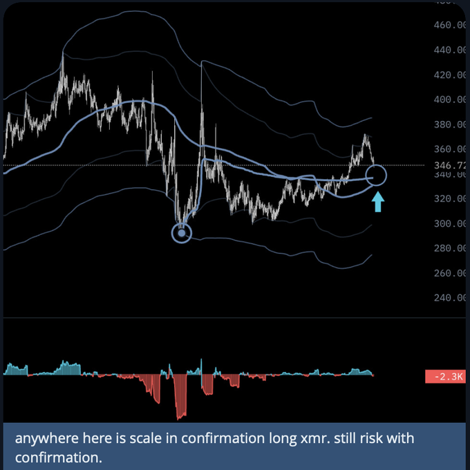 A cryptocurrency chart (likely XMR/Monero) with Bollinger Bands is shown, featuring a circled price point at approximately $346.7 with a dotted "scale-in" line, while the caption warns "anywhere here is scale in confirmation long xmr. still risk with confirmation." The chart illustrates a lagging trade setup that contradicts the buy-now posts referenced in the commentary, highlighting how the analysis was made well before current pump recommendations.