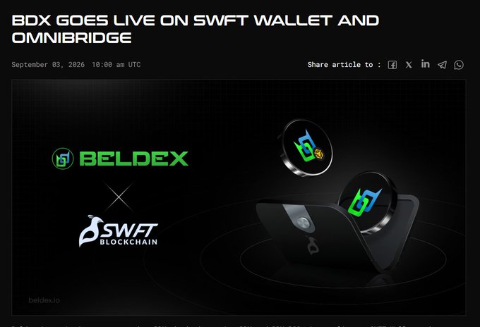A news article banner titled 'BDX GOES LIVE ON SWFT WALLET AND OMNIBRIDGE' dated September 03, 2026, featuring logos for BELDEX and SWFT BLOCKAIN along with images of the BDX hardware wallet.