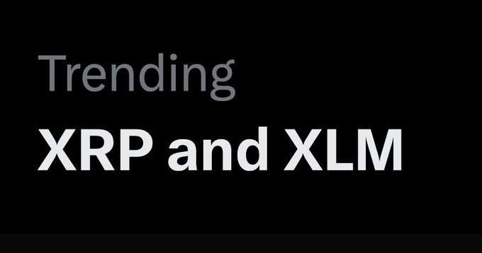 The image features a black background with two lines of text in a clean, sans-serif font. The top line reads "Trending" in a muted gray color, while the bottom line displays "XRP and XLM" in bold white text, directly supporting the post's message about these two cryptocurrencies gaining attention.