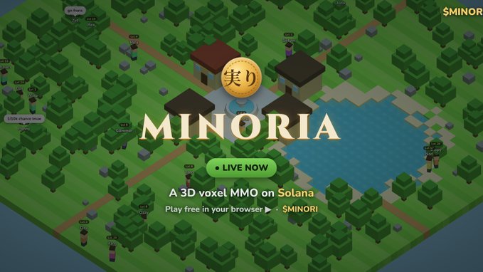 The image shows a 3D rendering of Minoria, an open world game with a lush green environment featuring trees, houses, and water features such as a lake or pond. The game's interface displays a map of the virtual world, along with information about the game and its multiplayer capabilities. The post suggests that players can explore the real-time social aspects of Minoria by interacting with other players in chat rooms or through voice messages.
