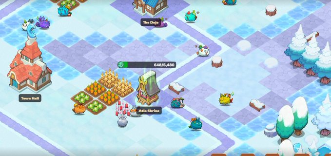 A screenshot from the GameFi game "Axie" shows a snowy isometric map with various structures including "The Dojo," "Town Hall," and "Axie Shrine" (displaying 648/6,480), along with farm plots, characters, and decorative trees. The image visually represents the post's theme by illustrating what GameFi once was—a thriving, colorful virtual world with active gameplay—contrasting with the post's observation that the sector has grown much quieter and questioning whether it's truly fading away.