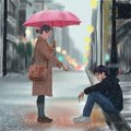 An anime-style illustration depicts a rainy street scene with a girl holding a red umbrella standing near someone crouching on the ground.