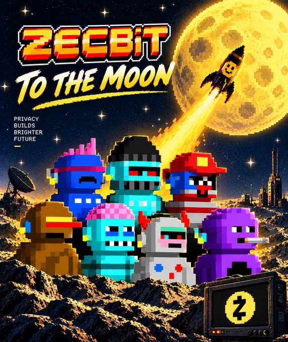 Promotional pixel art for ZEEBIT titled 'TO THE MOON' featuring colorful blocky character mascots on a lunar landscape with a rocket, tagged 'Privacy Builds Brighter Future.'